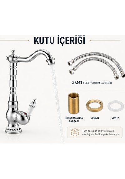 Lüx Premium Şık Tasarım Krom Ruistik Mutfak Bataryası Musluğu