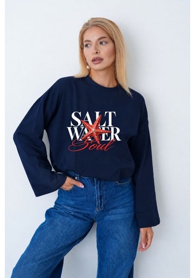 Medinenur Kadın Deniz Yıldızı Salt Water Baskılı Geniş Kollu Oversize Body Lacivert