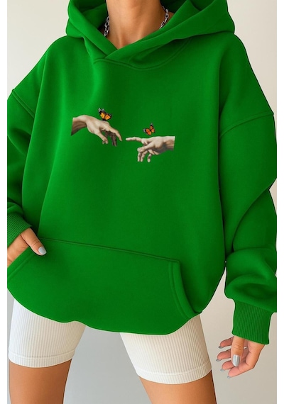 Benroma 3 İplik Penye El Parmak Unisex Kapüşonlu Sweat Yeşil