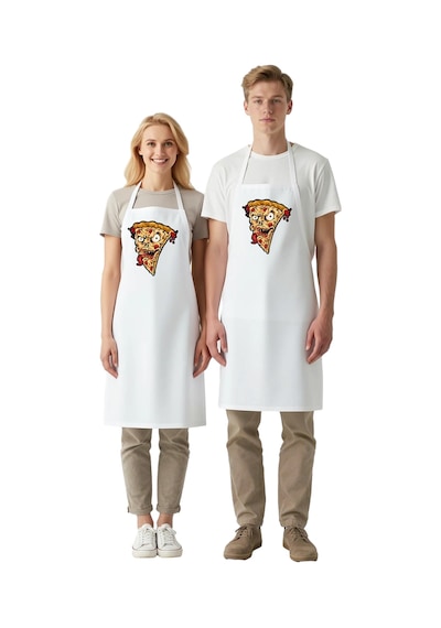 Unisex Mutfak Önlüğü Şeytani Pizza Dilimi Baskılı Karanlık Mizah Beyaz