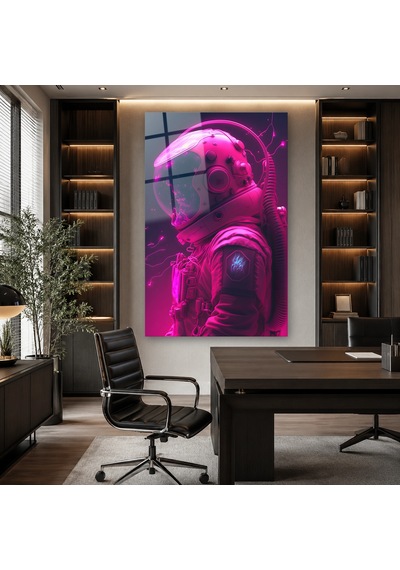 Pembe Neon Kasklı Astronot Çerçevesiz Cam Tablo