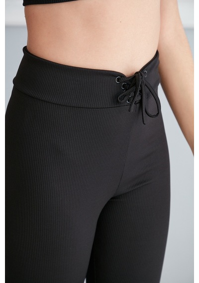 Thin Shop Fitilli Bağcıklı Toparlayıcı Tayt - Siyah Tayt - Fitilli Tayt Siyah
