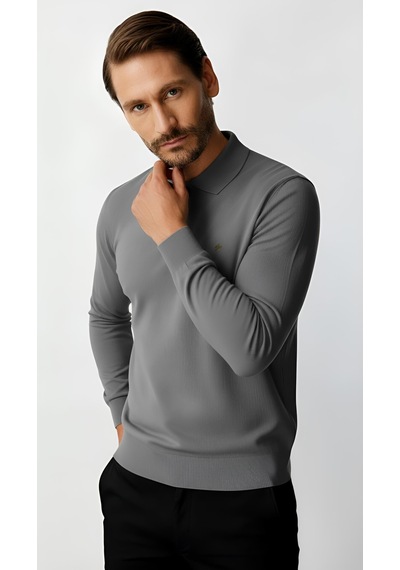 İgs Gri Standart Fit Dar Kalıp Polo Yaka Düz Uzun Kollu Rayon Triko-21896 Gri