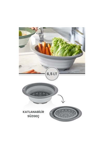 Katlanabilir Yuvarlak Süzgeç 6,5 Litre Gri