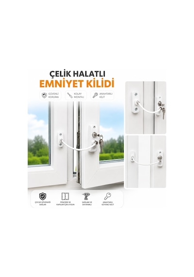 Titan Çelik Halatlı Pvc Kapı Pencere Emniyet Çocuk Güvenlik Kilidi Anahtarlı 1 Adet