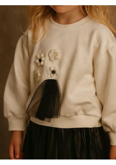 Kız Çocuk Pamuklu Örme Nakışlı Tüllü Sweatshirt-16218 KREM
