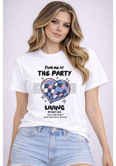 Herkesemoda The Party Baskı Detaylı Basic T-shirt Beyaz