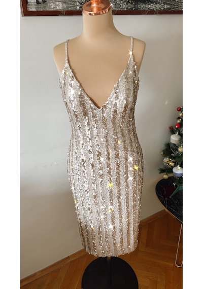 Chica Rosa Fashion Dore Işıltılı Pullu Askılı Midi Elbise