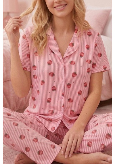Çilek Desenli Düğmeli Kısa Kollu Pijama Takımı 4588 Pembe