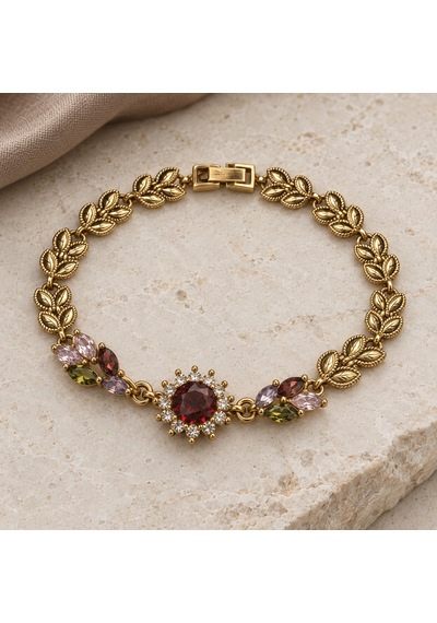 Dora S Shine Saray Bahçesi Kırmızı Merkez Taşlı, Renkli Markiz Taşlı Ve Yaprak Motifli 14k Altın Kaplama Kadın Bileklik - 19,5 Cm Dora S Shine Saray Bahçesi Kırmızı Merkez Taşlı, Renkli Markiz Taşlı Ve Yaprak Motifli 14k Altın Kaplama Kadın Bileklik - 19,5 Cm