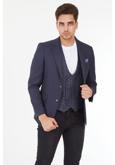 Sposo 5139 Ekose Yelekli Dar Kalıp Lacivert Erkek Blazer Ceket Lacivert