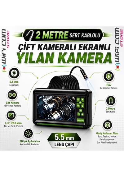 2 Metre Çift Lens Ekranlı Yılan Kamera 5.5mm Lens Sert Kablo