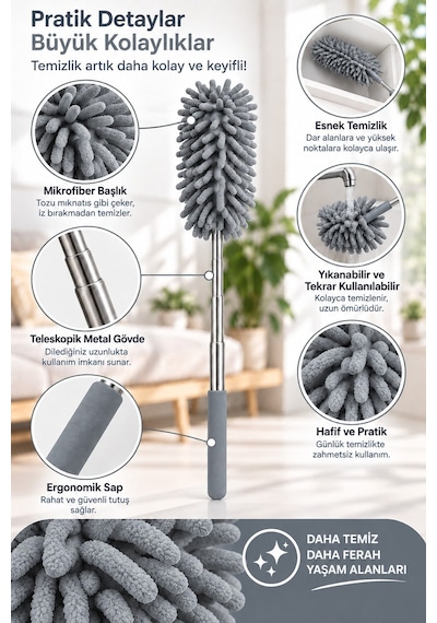 Mikrofiber Makarna Mop Toz Alma Paspası Tüy Toplayıcı Çok Amaçlı Temizlik Mopu 43317900