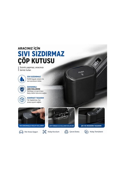 Araç İçi Sıvı Sızdırmaz Çöp Kutusu Kapaklı Askılı Mini Araba Çöp Kovası Dayanıklı Abs Premium Siyah