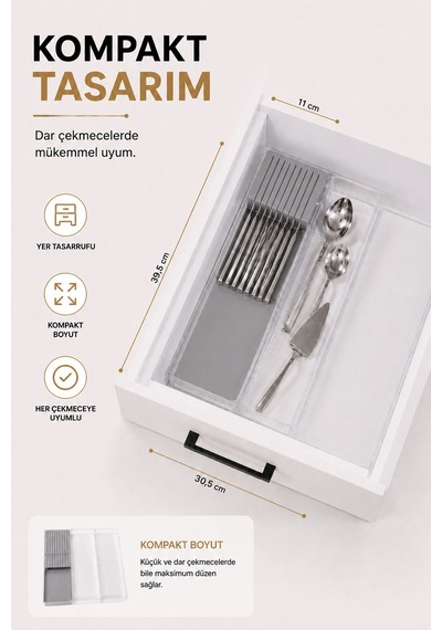 Çekmece İçi Bıçaklık Organizer Bölmeli Mutfak Düzenleyici Gri S-11029