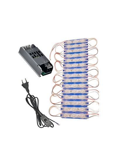 20 Adet 12 Volt 1.5 Watt 3 Lensli Mavi 2835 Smd Led Modül Ip65 Modül 5a Trafo Ve Arapurlu Güç Kablol Mavi