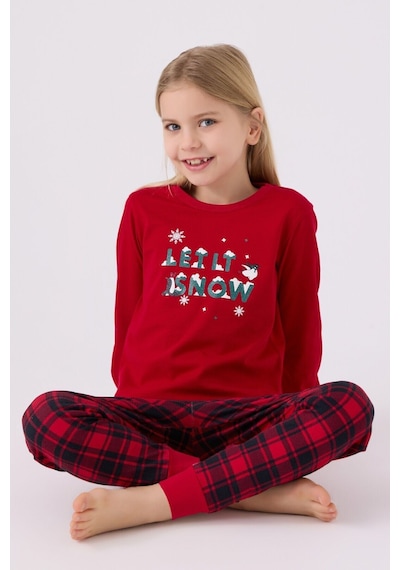 Kareli Kız Çocuk Uzun Kol Pijama Takım Kırmızı