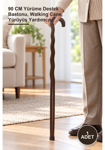 1 Adet Ahşap Baston 90 Cm Yürüme Destek Bastonu, Walking Cane, Yürüyüş Yardımcısı