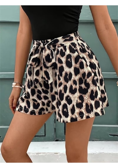Simala Kadın Kolsuz Bisiklet Yaka Viskon Bluz Ve Leopar Desenli Kısa Modal Short Ikili Takım Siyah