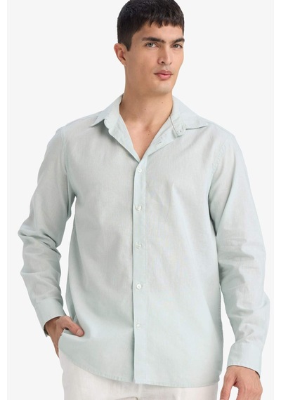Defacto Regular Fit Polo Yaka Keten Karışımlı Yazlık Uzun Kollu Gömlek E0518ax25smgn1260 Yeşil