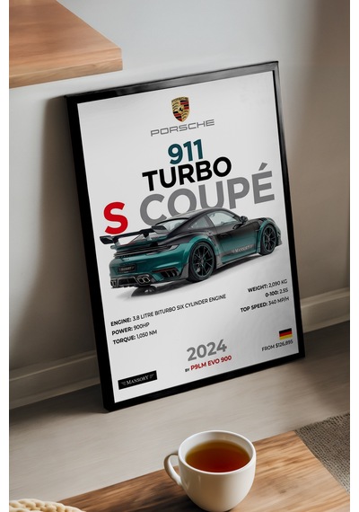 Porsche 911 Turbo S Coupe Siyah Ahşap Çerçeveli Poster, Dekoratif Araba Duvar Tablosu