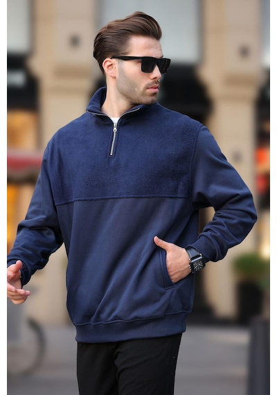 Madmext Lacivert Dik Yaka Yarım Fermuarlı Polar Sweatshirt 7096