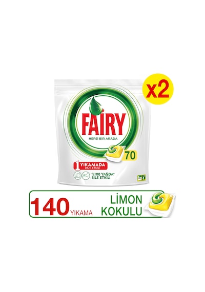 Fairy Hepsi Bir Arada Limon Kokulu Bulaşık Makinesi Deterjanı 2 x 70 Tablet