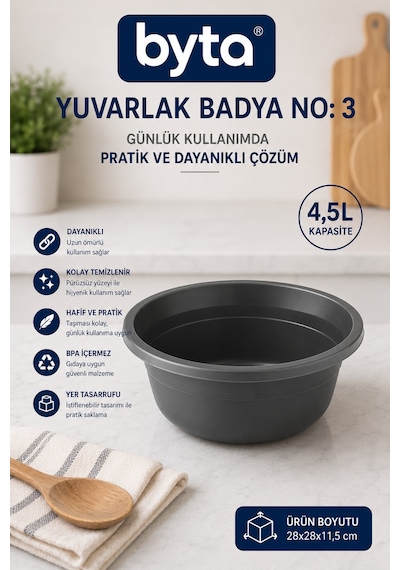 4,5 L Yuvarlak Plastik Badya No:3 Çok Amaçlı Dayanıklı Leğen Mutfak Ve Ev Kullanım Kabı Mavi Pembe Siyah 1 Adet Karışık Renk Gönderilir Siyah