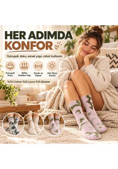 S'82 Unisex Batik Desenli Çorap 6'lı Set Pamuklu Uzun Soket Dikişsiz Nefes Alan Günlük Spor Konfor Çorabı Çok Renkli