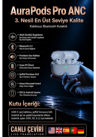 Air Pro3 ANC 2026 Dokunmatik Premium Bluetooth Kulaklık - Aktif Gürültü Engelleme, HD Ses, Şeffaf Mod, Tüm Telefonlarla Uyumlu
