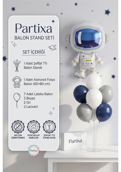 Astronot Balon Stand Seti Şeffaf 7 Li Stand + Astronot Folyo Balon 60 80 Cm + 7 Lateks Balon