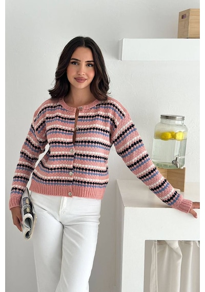 Noa & Noa Kadın Geometrik Desenli Düğmeli Triko Hırka Canlı & Şehirli Stil Pembe