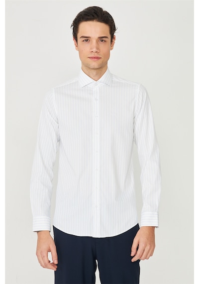 Mavi İnce Çizgili Uzun Kollu Gömlek Slim Fit Beyaz-mavi