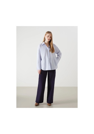 LC Waikiki Lcw Vision Mavi Çizgili Oversize Oxford Kadın Gömlek Blue Strıped