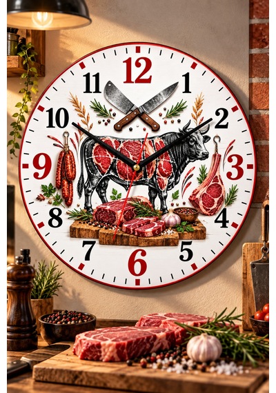 Kasap Temalı Duvar Saati 45 Cm Et Kasap Dükkanı Steakhouse Restoran Uv Baskı Sessiz Akar Mekanizma 952 Çok Renkli