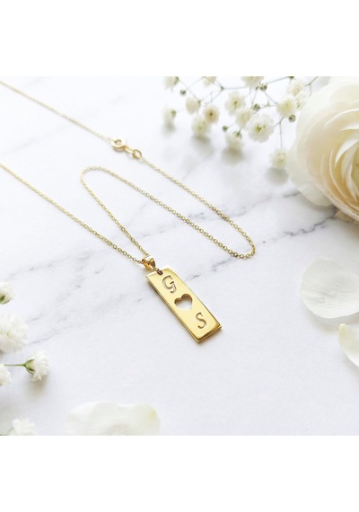 925 Ayar Gümüş Altın Kaplama Kişiye Özel Harfli Kalpli Plaka Kolye Gold