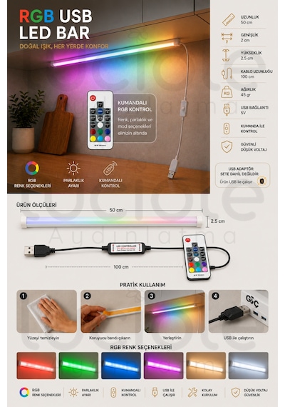 50 Cm Rgb Led Bar Rf Kumandalı Usb Renk Değiştiren Yapışkanlı Gaming Masa Dolap Raf Aydınlatma