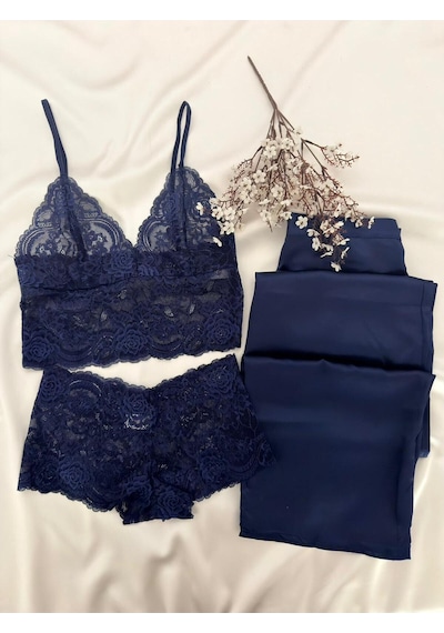 Mh Moony Homewears 3'lü Degas Lacivert Dantel Üst Saten Alt Pijama Takımı Lacivert