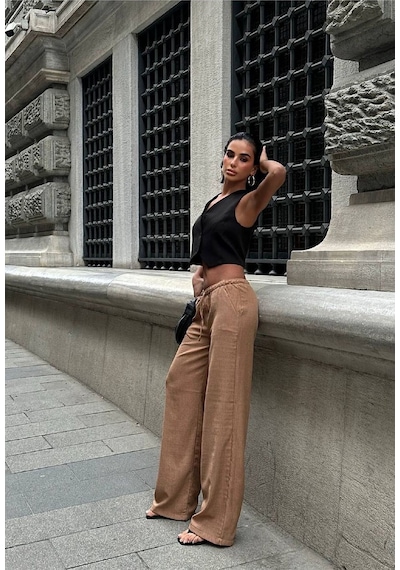 HLT Jeans Kadın Açık Kahve Baggy Beli Lastikli Keten Görünümlü Pantolon Emily-3015 Kahverengi