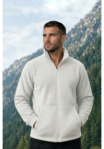 Givoria Erkek Kışlık Fermuarlı Cepli Polar Hırka Outdoor Beyaz Beyaz