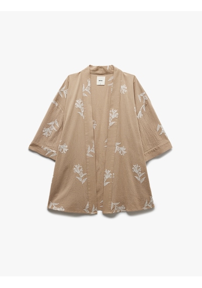 Koton Pamuklu Geniş Kollu Nakışlı Çiçekli Uzun Kimono Vizon 5sak50034pw