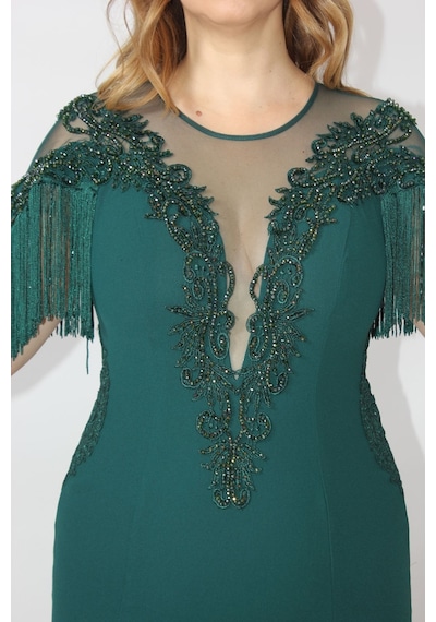 Moda Berray 80099 İşlemeli Püsküllü Büyük Beden Uzun Abiye Siyah
