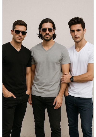 Rich Erkek 3'lü Paket Kısa Kollu V Yaka T-shirt Gri
