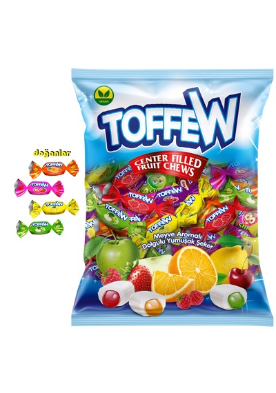 Toffew Meyve Aromalı Dolgulu Yumuşak Şeker Helal -vegan-jelatinsiz-gulutensiz 1 Kg. 1000 Gr.