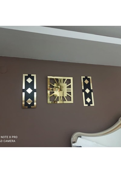 Altın Renk Aynalı Pleksi Modern Tasarım Yuvarlak Duvar Saati Tablo 3 Lü Set Sessiz Mekanizma Saat 40x40cm Tablo 50x20 Cm Gold - Siyah