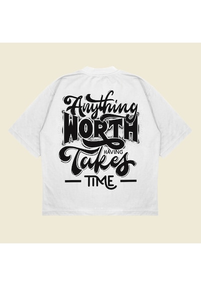 Startmore Anythingworth Baskılı Oversize Unisex Pamuklu Nefes Alan Kalın Kumaşlı Beyaz