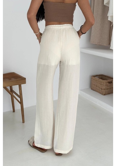 Asprin Fashion Beli Lastikli Geniş Paça Pantolon Ekru Ekru