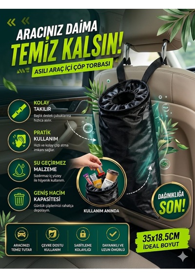 Araç İçi Çöp Kovası Askılı Koltuk Arkası Oto Çöp Torbası 1 Adet Yıkanabilir Kamp Seyahat Kolay Takılabilir Çöp Kutusu
