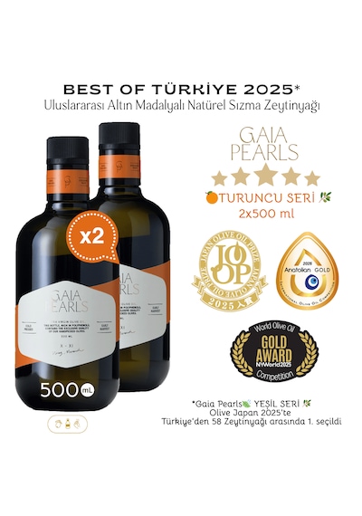 Gaia Pearls İkili Set Turuncu Seri 500 Ml X2 Avrupa Birliği Coğrafi İşaretli Milas Memecik Erken Hasat Soğuk Sıkım Zeytinyağı Yoğun Meyvemsi