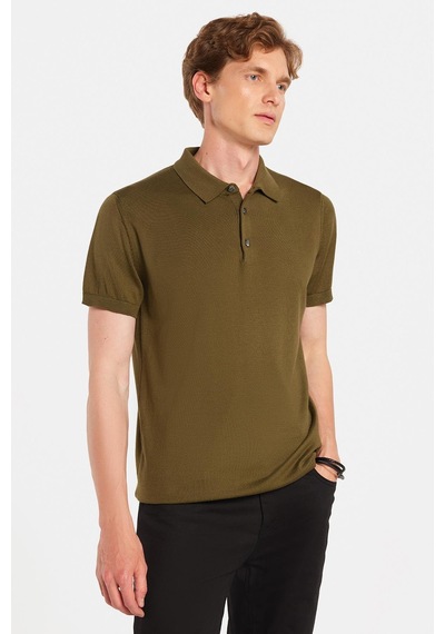 Tudors Erkek Slim Fit Dar Kesim Pamuklu Örme Triko Haki Polo Yaka Tişört-34241 Haki